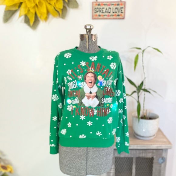 Sweaters - NWT ELF it’s Santa OMG I know him green and white snowflake Light up sweater XS